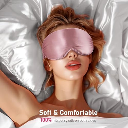 LitBear 100% 22 Momme Mulberry Silk Sleep Mask - 3D Contoured, Bean Pink | Pure Silk, Eyelash-Friendly, Soft, Breathable, Perfect Blocks Light, Tangle-Free Adjustable Strap, Travel Pouch - color: Bean Pink
