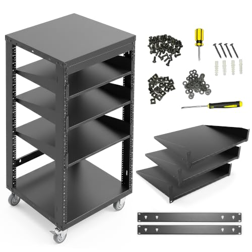 AxcessAbles 22U Open Frame Network & AV Rack with Caster Wheels, Three 2U Shelves, 10-32 & Cage Nut Compatible Rails, Cage Nuts, Screws, Cage Nut Tool & Wall Mount Kit | 19-Inch Equipment Rack - size: 22U - 3 Shelves