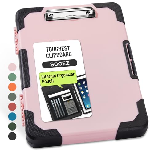 Sooez Toughest Clipboard with Storage, Internal Pen Pouch Included, Letter/ A4 Size, Shockproof Heavy Duty Plastic Clip Boards 8.5x11”, High Capacity Clipboards Box Case for Contractor Trucker Driver - color: Pink With Black Corner