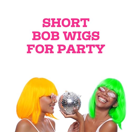 LIULIUBTY Short Bob Hair Wigs Straight with Flat Bangs Synthetic Colorful Cosplay Daily Party Neon Wig for Women with Wig Cap 12" Natural As Real (Bright,Green) - color: Bob,Black