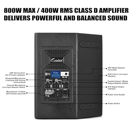 EXOTON B-12 Powered PA Speaker - 12" Coaxial Active Monitor 800W Class D Amp with DSP, 3-Band EQ,TWS,Full-Color Display for Monitoring, DJ(AC Powered)