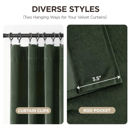 Joydeco Dark Olive Velvet Curtains 63 inch Length 2 Panels, Luxury Blackout Rod Pocket Thermal Insulated Window Curtains, Super Soft Room Darkening Drapes for Living Room Bedroom,W52 x L63 inches - color: Rod Pocket | Dark Olive Green, size: 52"W x 63"L (