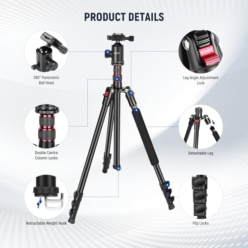NEEWER 77 Inch Camera Tripod Monopod for DSLR & Phone, Aluminum, TP77 | 360° Panoramic Ball Head, 2 Axis Center Column, Arca Type QR Plate, Bag, Compact Lightweight Travel Tripod, 34lb Max Load - style: Travel Tripod