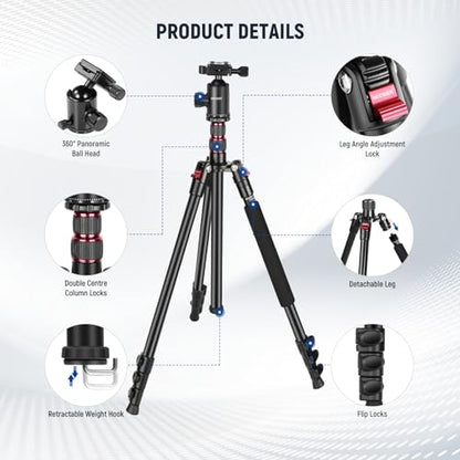 NEEWER 77 Inch Camera Tripod Monopod for DSLR & Phone, Aluminum, TP77 | 360° Panoramic Ball Head, 2 Axis Center Column, Arca Type QR Plate, Bag, Compact Lightweight Travel Tripod, 34lb Max Load - style: Travel Tripod