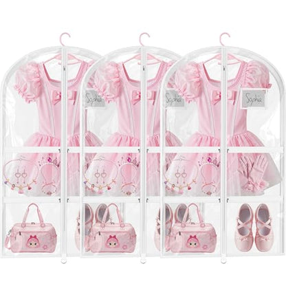 3 Pack Clear Dance Garment Bags for Dancers, 40" Waterproof Dustproof Dance Costume Bags for Hanging Clothes with 5 Large Zipper Pockets for Dance Competition, Suitable for Dress, Uniform
