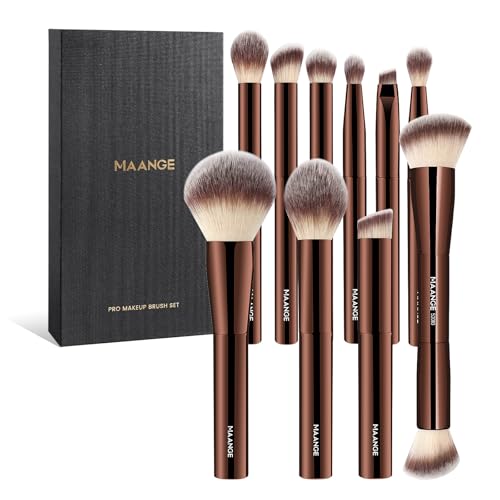 10 Pcs MAANGE Travel Makeup Brush Set with Magnetic case, Premium Synthetic Short Handle Brushes for Foundation, Powder, Concealer, Eye Shadows, Makeup Brush Tools Set(CoffeeBrown) - color: CoffeeBrown