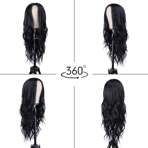 Aida ble Long Wavy Black Wig for Women 26inch Middle Part Synthetic Wig | Natural Looking Heat Resistant Hair,Suitable for Daily Wear,Party,Halloween and Cosplay,Beginner-friendly Wig - color: Black