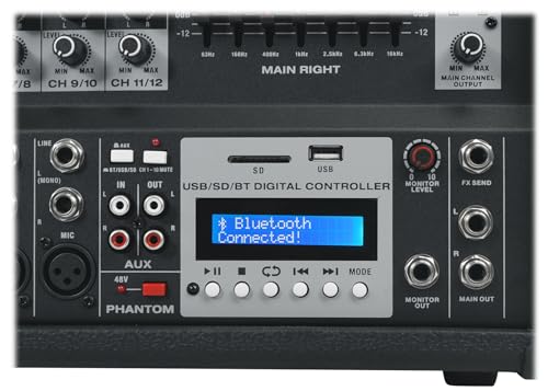 Rockville RPM109 V2 12 Channel Powered Mixer, 7 Band EQ, USB, 48V | 600W RMS at 4 Ohm, 4800W Peak, Bluetooth, USB/SD, 24 Digital Effects, 8 Mic Preamps, Dual SpeakON Output, Dual Fan Cooling