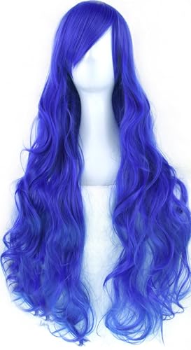 IMISSU 80cm Long Curly Natural Hair Cosplay Wig with Bangs Colorful Halloween Costume Party Wigs for Women (Blue) - color: Blue