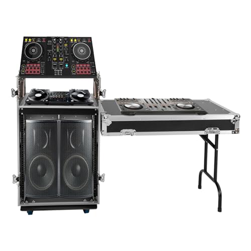 14U PA DJ Pro Audio Rack Road Case w/Slant Mixer Top, Heavy Duty Mobile Studio Equipment Cabinet, Network and Stereo Rack DJ Mixer Rack for Mixers & Live Sound - size: 14U / Side Tables