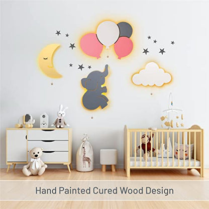 LumiDreams Moon Wall Night Light, Crescent Nursery Lamp for Kids Room | 17.7" x 11.5" | Hand-Painted Wooded Moon Light | Battery Operated | Pull Cord Switch | Wall Mounted Nursery decor
