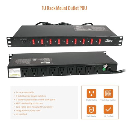 Tecmojo 9-Outlet Rack Mount Overloading Protection Circuit Breaker PDU, with Individual Switch 6ft Cord for IT and Network Racks and Cabinets - size: 9 Outlets/12A/Overloading Protection
