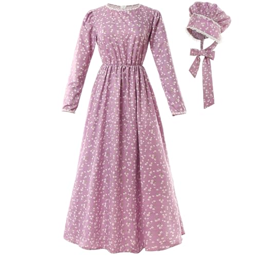 NSPSTT Prairie Dress Women Pioneer Dress Colonial Costume - color: Purple-dress, size: Small