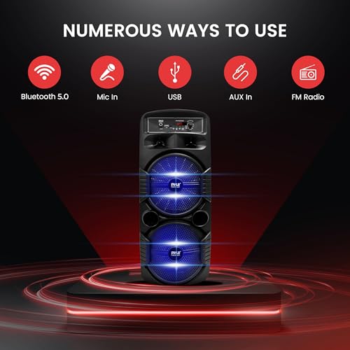 Portable Bluetooth PA Speaker System - 600W Rechargeable Outdoor Bluetooth Speaker Portable PA System w/Dual 8” Subwoofer 1” Tweeter, Microphone in, Party Lights, USB, Radio, Remote - Pyle PPHP2835B - color: Raven