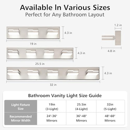 3-Light LED Bathroom Vanity Light, 19 Inch Modern Brushed Nickel | Vanity Light Fixture, Dimmable Bathroom Lighting Over Mirror with 350° Adjustable Acrylic Heads, 5500K Daylight White - color: Nickel-5500K-Dimmable, size: 3-Light, 19-inch