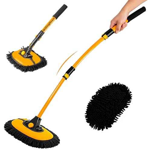 WillingHeart 15° Curved Car Wash Brush with Long Handle 43" Extension Pole RV Truck Microfiber Cleaning Mop Auto SUV Wheel Boat Exterior Interior Detailing 2 in 1 Carwash Duster Not Hurt Paint, Yellow - color: Yellow