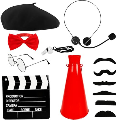 8 Pcs Movie Director Costume Accessories Hat Bowtie Clapboard Megaphone Movie Theater Costume for Adult Halloween Dress Up Career Day Party