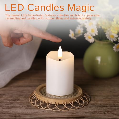 White Flameless Votive Candles with Remote Batteries Set of 6 | 2x3 inch Small Flickering LED Pillar Candles, Battery Powered, Real Wax Coating, Home Table Shelf Decor - color: White
