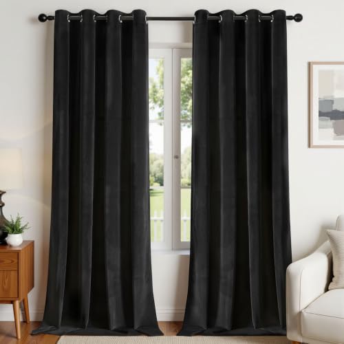 Joydeco Black Velvet Curtains 63 Inches Long, Luxury Grommet Blackout Curtain 2 Panels, Thermal Insulated Privacy Room Darkening Window Drapes for Bedroom Living Room Home Theatre (52Wx63L) - color: *Grommet | Black, size: 52"W x 63"L (Pack of 2)