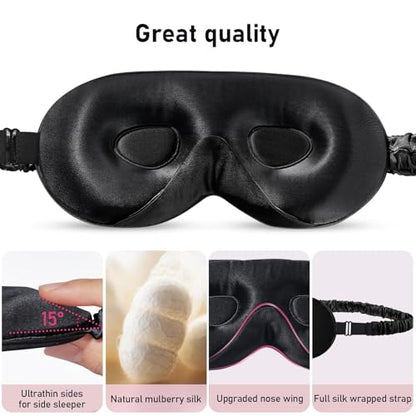 LitBear 100% 22 Momme Mulberry Silk Sleep Mask - 3D Contoured Eye Mask for Men & Women, Soft Breathable Sleeping Mask with Adjustable Strap, Perfect Blocks Light for Sleeping (Black) | Pure Silk, Eyelash-Friendly, Soft, Breathable, Perfect Blocks Light, T