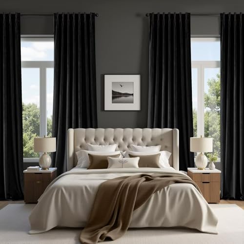 Joydeco Pinch Pleated Velvet Curtains 108 Inch Long 2 Panel Set,Black Velvet Curtains for Living Room Bedroom, Back Tab Thermal Insulated Blackout Drapes with Adjustable Hooks (40”W x108”L,Black) - color: Black, size: 40"W x 108"L (Pack of 2)