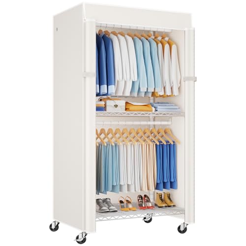 ULIFHOME P8C Heavy Duty Clothes Rack（With Extended Width Design） Rolling Clothing Racks for Hanging Clothes with Lockable Wheels，31.5" W x 15.8" D x 80.5" H，Max Load 600LBS，White Rack with White Cover - color: White Rack with White Cover, size: P8C