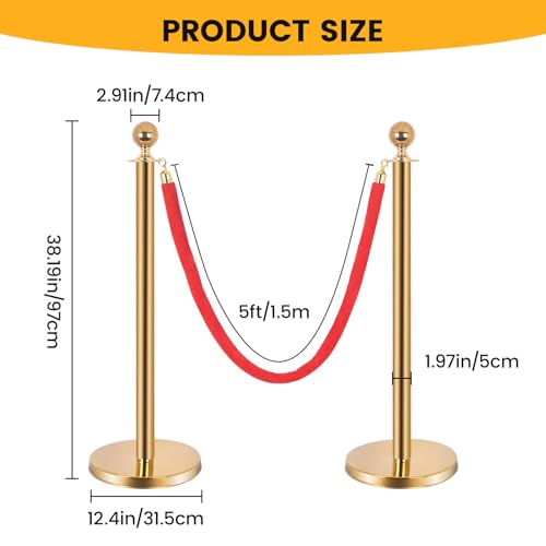 8-Pack Stainless Steel Stanchions and Velvet Ropes (6 Red 5ft), Sand-Filled Crowd Control Barriers for Weddings, Exhibitions, Events(Gold) - color: Gold, size: 8-Pack