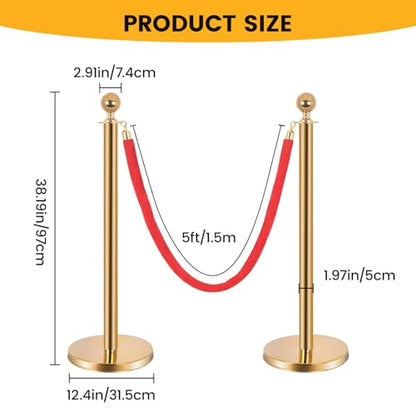 8-Pack Stainless Steel Stanchions and Velvet Ropes (6 Red 5ft), Sand-Filled Crowd Control Barriers for Weddings, Exhibitions, Events(Gold) - color: Gold, size: 8-Pack