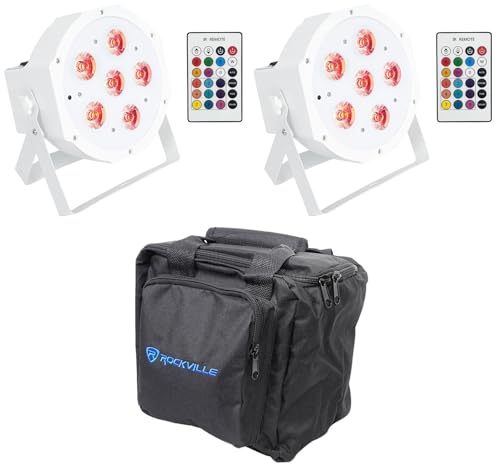 Rockville Battery PAR 61 White RGBWA+UV Wash Light 2-Pack with RLB90 Bag | 10-15-Hour Rechargeable Battery, 5000mA, DMX, 6x6W LEDs, IR Remote, Sound Activated, Strobe, RLB90 Travel Bag, DJ, 3-Items