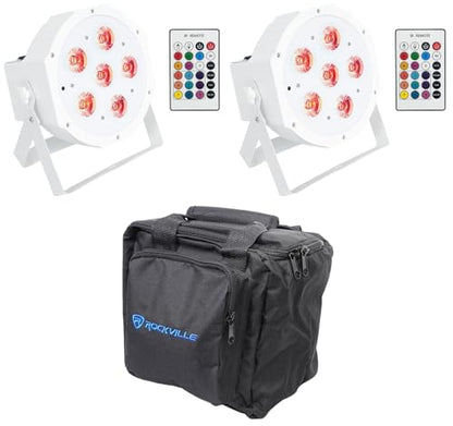 Rockville Battery PAR 61 White RGBWA+UV Wash Light 2-Pack with RLB90 Bag | 10-15-Hour Rechargeable Battery, 5000mA, DMX, 6x6W LEDs, IR Remote, Sound Activated, Strobe, RLB90 Travel Bag, DJ, 3-Items