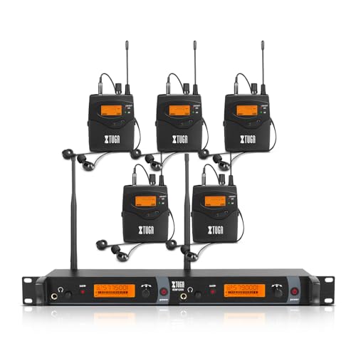 XTUGA IEM1200 UHF Mono Wireless in Ear Monitor System 2 Channel 5 Bodypacks Monitoring with in Earphone, 40 Frequencies, Rack Mountable, Up to 300Ft Operation, Suitable for Church and Band - size: 5 Bodypacks