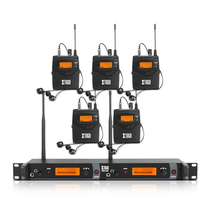 XTUGA IEM1200 UHF Mono Wireless in Ear Monitor System 2 Channel 5 Bodypacks Monitoring with in Earphone, 40 Frequencies, Rack Mountable, Up to 300Ft Operation, Suitable for Church and Band - size: 5 Bodypacks