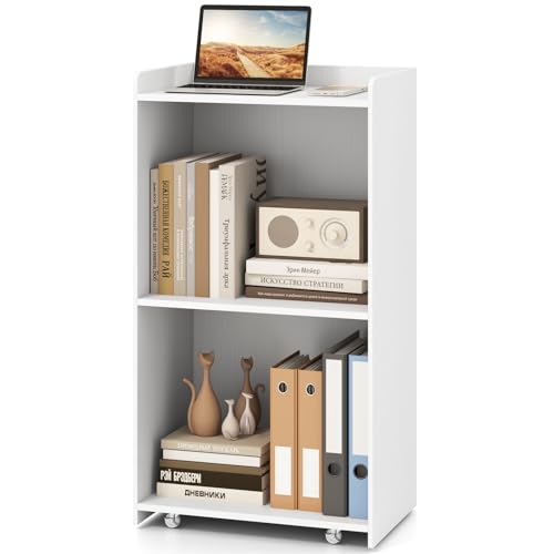 Tangkula Rolling Podium Stand, Mobile Lectern Stand with 2 Shelves & Lockable Wheels, Pulpits for Churches, Hostess Stand with Edge Stopper, Standing Lectern Desk for Meeting Room, School (White)