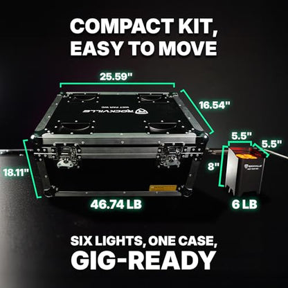 Rockville Wet PAR WC Package Black 18W RGBWA+UV Par Wash Lights, Wireless Charging Case, IP65 Water-Resistant, App-Controlled, for DJ Events and Venues (6 Lights) | 10-12 Hour Battery, IP65 Waterproof, RGBWA+UV, Wireless DMX, App Control, 6 IR Remotes, Tr