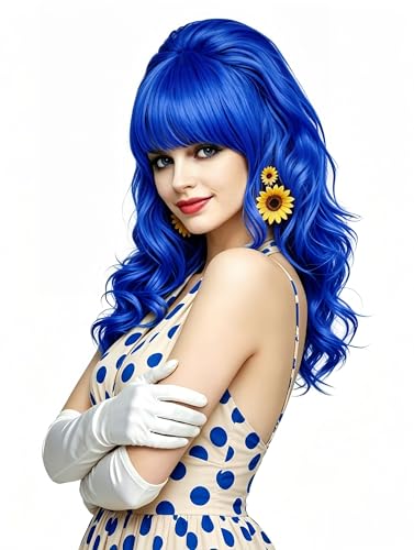 Rugelyss Long Wavy Blue Wig with Bang Big Bouffant Beehive Wigs for Women fits 80s Costume or Halloween Party - color: Blue