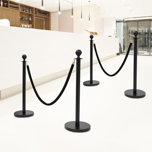 4 Pcs Stanchion Posts Queue with 5 Feet Velvet Ropes, Crowd Control Barriers Ball Top Stanchion Post Red Carpet Runner Poles Black for Party Theater Hotel Weddings Museums - color: Black