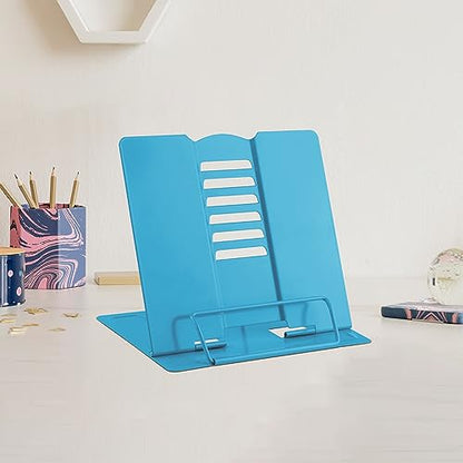 MSDADA Small Desk Book Stand Metal Reading Rest Book Holder | Adjustable Cookbook Documents Holder Portable Sturdy Bookstands for Recipes Textbooks Tablet Music Books(Sky Blue） - color: Sky Blue