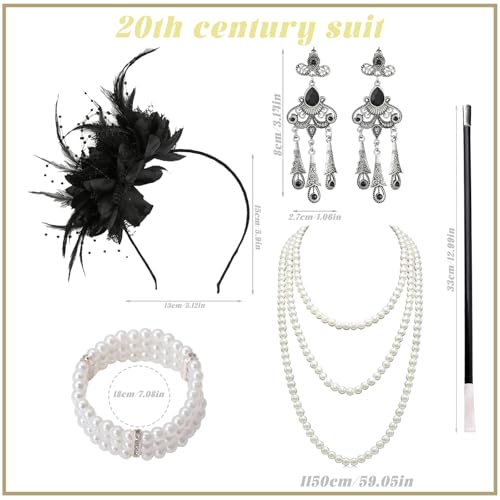 1920s Accessories for Women, Feather Headband Fashion Roaring 20's Theme Set, Pearl Necklace Jewelry Cigarette Rod Black
