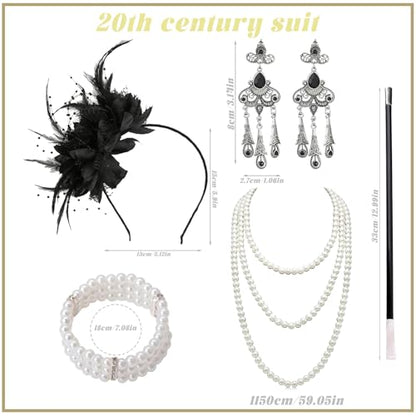 1920s Accessories for Women, Feather Headband Fashion Roaring 20's Theme Set, Pearl Necklace Jewelry Cigarette Rod Black