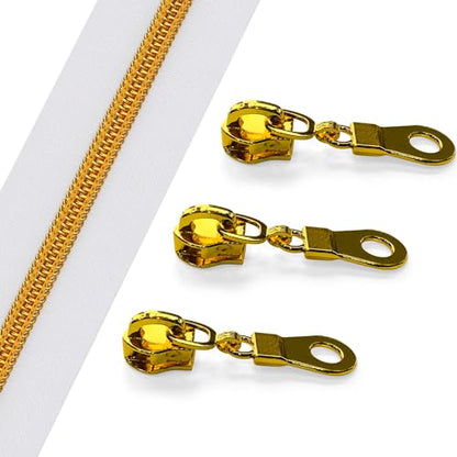 Sawoake 10 Yards Bulk Zipper(#5), White Nylon Coil Zipper with Gold Teeth by The Yards, Replacement Sewing Zipper with 10PCS Zipper Sliders for DIY Sewing Craft Bags(#5 Gold White) - color: Gold-White
