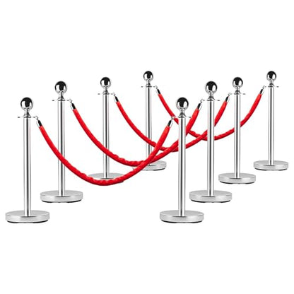 8 Pack Crowd Control Stanchions with Velvet Ropes for Wedding Hotel Party | 8 stainless steel posts + 4 velvet ropes. Sand/water-fillable bases for stability. Perfect for weddings, hotels, galas. - size: 8 Pack