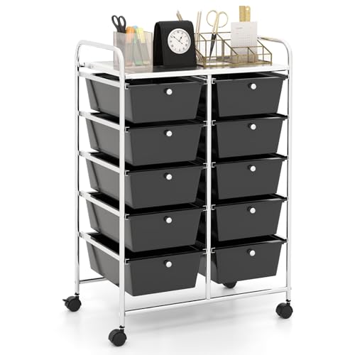 HAPPYGRILL 10-Drawer Rolling Storage Cart, Storage Organizer Cart with Lockable Wheels, Beauty Salon Movable Utility Cart for School, Office, Home, (Black) - color: Black, size: 10 Drawer