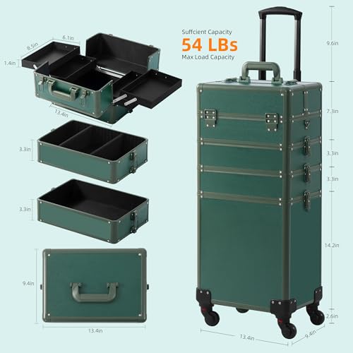Somduy Makeup Train Case, Rolling Makeup Case with Lid, 5 in 1 Cosmetology Case on Wheels, Christmas Gift, Large Makeup Case Organizers, Profesional Cosmetic Case for Salon Barber, Green - color: Green