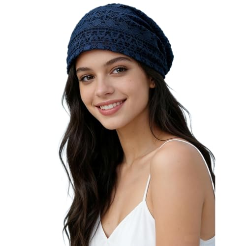 Crochet Slouchy Beanie Hat Handmade Knit Slouchy Floral Skull Hat Cutout Hats for Women Lightweight Knitted - color: G-navy Blue