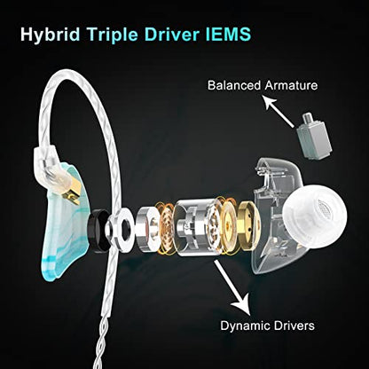 BASN MMCX in Ear Monitor,2DD+1BA Triple Driver Drummers IEM (Bluish White) | Noise-Isolating in Ear Headphones with Deep Bass,Two Detachable Cables,Comfort-fit IEM Earphone for Musicians,Audio Engineers - color: Bluish White
