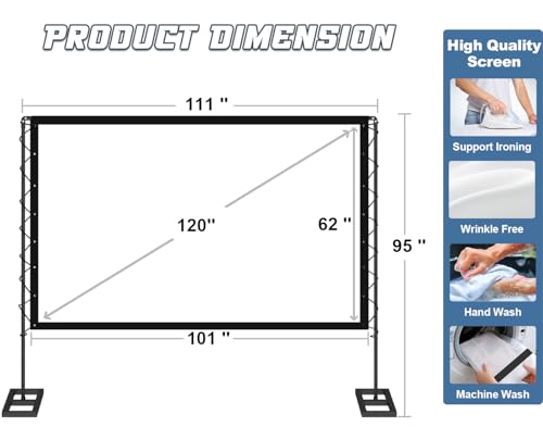Queension 120 inch Outdoor Projector Screen with Stand, Portable Projector Screen 16:9 HD 4K, Movies Screen with Carry Bag for Outside Backyard, Indoor Wrinkle-Free Screen for Home Theater