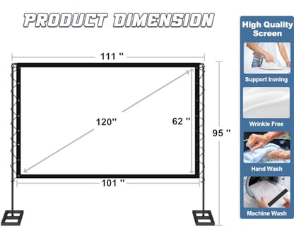 Queension 120 inch Outdoor Projector Screen with Stand, Portable Projector Screen 16:9 HD 4K, Movies Screen with Carry Bag for Outside Backyard, Indoor Wrinkle-Free Screen for Home Theater