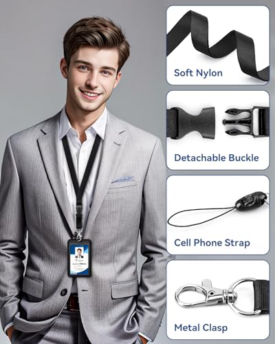 Teskyer 5 Pcs Badge Holder Set with Retractable Reel and Lanyard | 2 ID Holders, 2 Retractable Reels, 1 Detachable Lanyard, Holds 2 Cards, Office School Work Use - size: 5 PCS