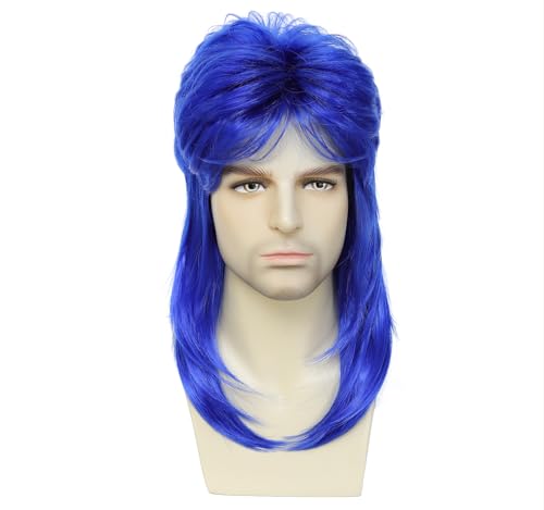 Unisex Mullet Wig, Synthetic Heat Resistant 70s 80s Retro Joe Dirt Costume Wig for Men and Women, Halloween Fancy Dress Cosplay Wig (Blue) - color: Blue