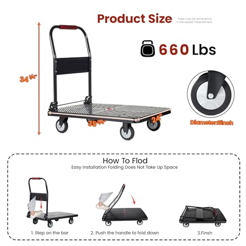 660 lb Folding Platform Truck Cart with 5" Silent TPR Wheels, Heavy Duty Flatbed Push Cart Dolly, Foldable Moving Utility Cart for Warehouse Garage Office Home, Black - color: 660 Lb - 35.8" X 24"